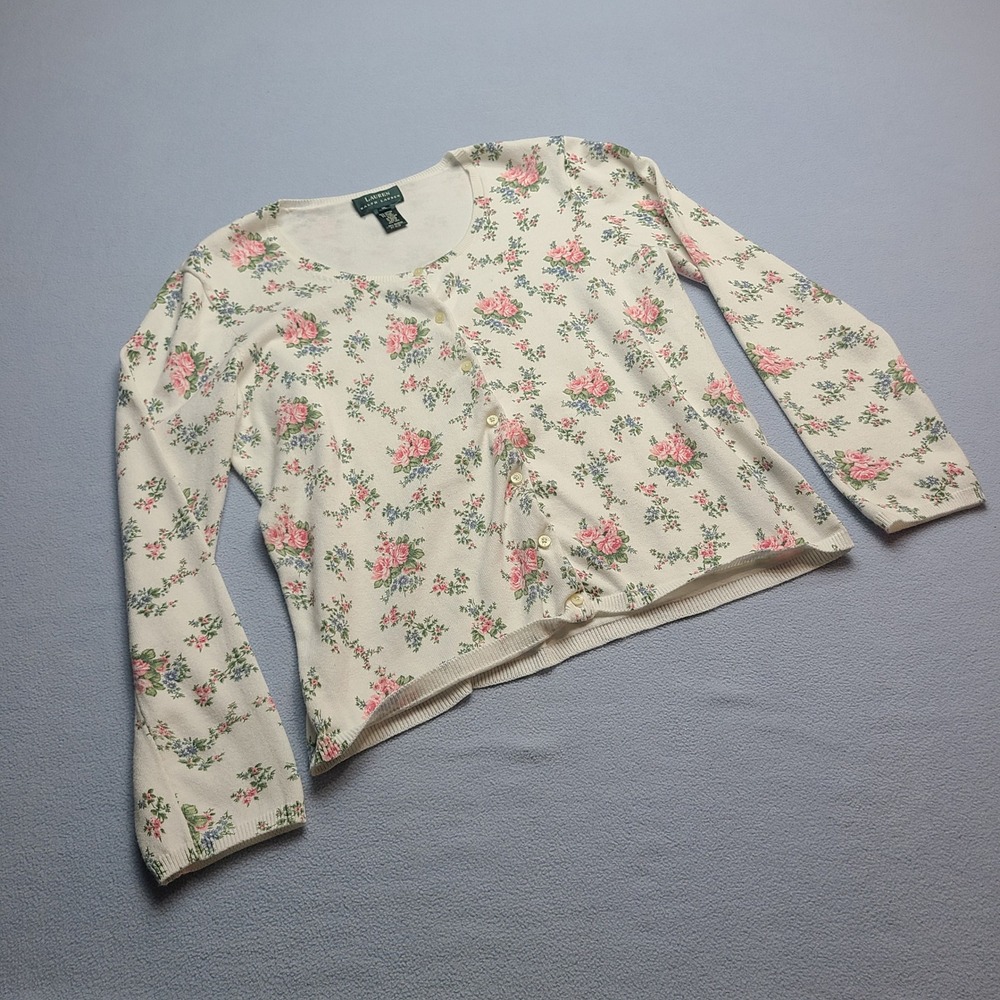 Lauren Ralph Lauren Floral Cardigan Womens XL Ivory Excellent Cotton Knit Rose